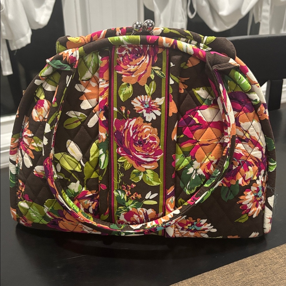 VERA BRADLEY Large Bowler Kisslock Satchel Mod Floral Pink Brown-Retired Pattern - Picture 6 of 14
